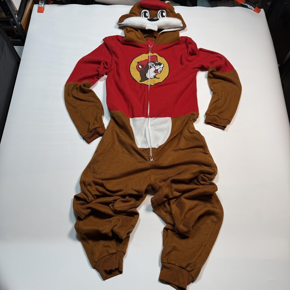 Buc-ee's One Piece Youth 10-12 Brown Red Fleece Hooded Beaver Costume One-piece